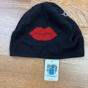 Portolano Women's Beanie Hat Lambs Wool, Rabbit Hair Black/Red Lips NEW